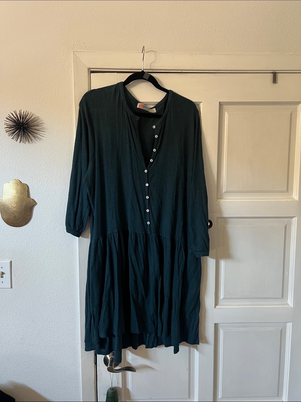 Free People Dark Teal Button-Front Tiered Long-Sleeve Dress